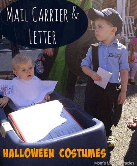 Diy Mail Carrier Costume, Mail Carrier Costume, Church Trunk, Autumn Favorites, Sibling Halloween Costumes, Diy Mail, Future Costume, Halloween Letters, Diy Costumes Kids