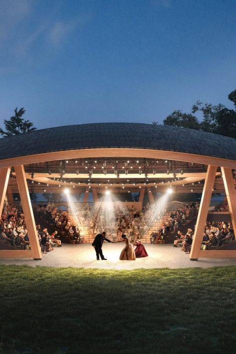 This theatre will be topped with a timber canopy and columns. Open Theatre Design, Open Theater Architecture, City Stage Design, Theatre Design Architecture, Timber Canopy, Outdoor Theatre, Extensive Green Roof, Theatrical Scenery, Mass Timber