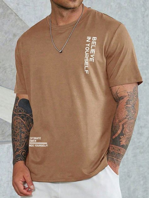 Brown Casual Collar Short Sleeve Fabric Slogan  Embellished Slight Stretch Summer Men Tops Mens Fashion Smart, Guys Clothing Styles, Men Plus Size, Tee Shirt Homme, Men Tops, T Shirt Men, Mens Graphic Tee, Plus Size T Shirts, Printed Tees