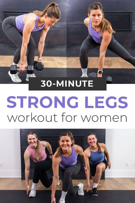 Build defined, strong legs at home with this complete lower body workout. 12 of the best lower body exercises for lean, strong legs! Each circuit pairs an isolation exercise with a compound exercise to increase muscle definition in the legs and glutes. This strong legs workout targets both the large lower body muscles (quads, hamstrings and glutes) as well as the smaller stabilizing leg muscles (hips, thighs, and calves). Advanced Lower Body Workout, Leg Work Out At Home For Women, Dumbell Workout Legs At Home, Exercise To Strengthen Legs, Leg And Buttocks Exercises, Beginner Lower Body Workout At Home, Leg Toning Exercises For Women, Lean Legs Workout Women, 30 Minute Leg Workout