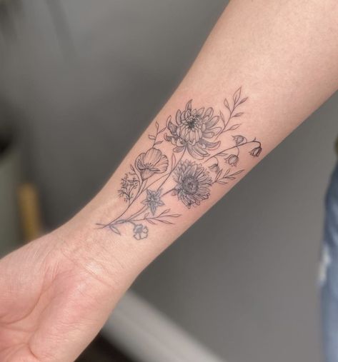 Fine Line Flower Tattoo Upper Arm, Floral Bouquet Tattoo Forearm, Birth Flower Tattoo Forearm, Bouquet Forearm Tattoo, Flower Shading Tattoo, Chrysanthemum Birth Flower Tattoo, Flower Bicep Tattoo, Birth Flower Bouquet Tattoo Forearm, Flower Bouquet Tattoo Upper Arm