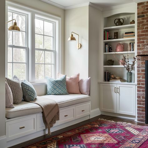 Window Reading Nook 😍😍🤩 Seat Next To Fireplace, Window Seat Next To Fireplace, Book Nook Bay Window, Preppy Window Seat, Book Nook Window, Book Nook Near Window, Window Reading Nook, Windowseat Bookcase, Colorful Cushions