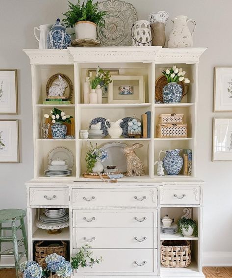 White China Cabinet, Bookshelf Styling Living Room, Shelf Staging, Decorating With Blue, China Hutch Decor, Vintage China Cabinet, Blue China Cabinet, Shelf Decor Living Room, Hutch Decor