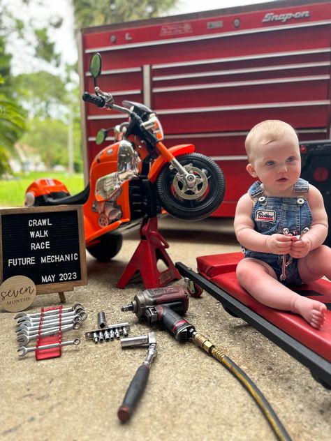 Mechanic Photoshoot Baby, Boy Monthly Milestone Pictures, Mechanic Baby Photoshoot, 6months Photoshoot Ideas Boy, Baby Mechanic Photoshoot, 6 Month Photo Shoot Boy, 5 Months Baby Photoshoot Ideas, 6 Month Baby Picture Ideas Boy, Baby Mechanic