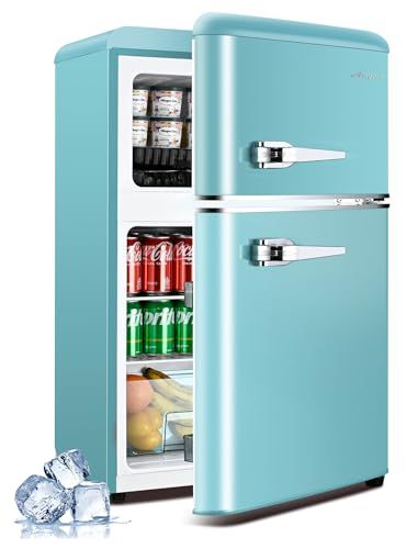 Anypro 3.2 Cu.Ft Compact Refrigerator Mini Fridge with Freezer, Retro Double Door Small Fridge, 7 Level Thermostat Removable Shelves, Small Refrigerator for Dorm, Office, Bedroom, Back to School, Blue Refrigerator Mini, Small Fridge, Mini Fridge With Freezer, Removable Shelves, Small Fridges, Small Refrigerator, Decor 2024, Compact Refrigerator, Mini Fridge