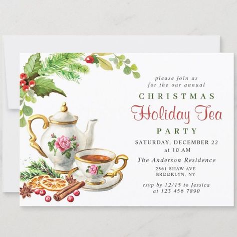 Christmas holiday tea party invitations featuring a festive vintage inspired teapot and teacup design. afflink Tea Party Watercolor, Holiday Tea Party, Christmas Tea Party, Holiday Tea, Holiday Christmas Party, Tea Party Invitations, Christmas Stationery, Holiday Invitations, Holly Berry