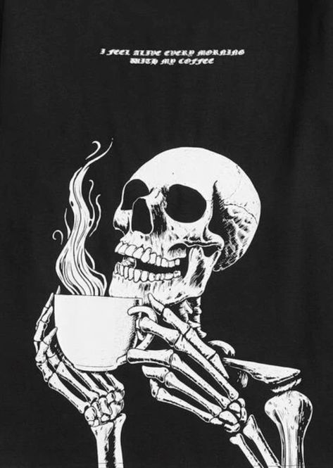 Skeleton Holding Coffee, Skull Drinking Coffee, Skeleton With Coffee, Baking Drawing, Holding Coffee Cup, Tea Tattoo, Coffee Skeleton, Spooky Coffee, Holding Coffee