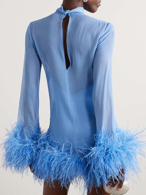 TALLER MARMO Gina Spirito feather-trimmed silk-crepon mini dress | NET-A-PORTER Feather Fringe Dress, Blue Dress With Feathers, Capri Party, Disco Formal, Bohemian Cocktail, Peacock Feather Dress, Palm Royale, Dress Feathers, Feather Outfit