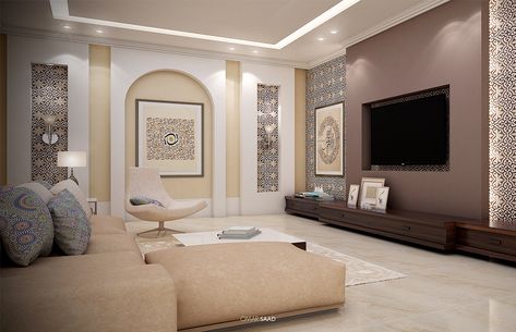 MOROCCAN LIVINGROOM - INTERIOR DESIGN - on Behance Modern Moroccan Interior Design, Arabic Interior Design, Islamic Interior Design, Moroccan Interior Design, Feature Wall Living Room, Bakery Design Interior, Moroccan Living Room, Minimalist Living Room Design, Living Hall