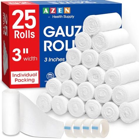 AZEN 25 Pack Gauze Rolls Bandages, 3 in x 4.1 Yards, Premium Medical Supplies & First Aid Supplies, Bandage Wrap Vet Wrap, Mummy Wraps Gauze Bandage, Mummy Wrap, Bandage Wrap, Apocalypse Gear, Medical Kit, Wound Care, First Aid Supplies, Aid Kit, First Aid Kit