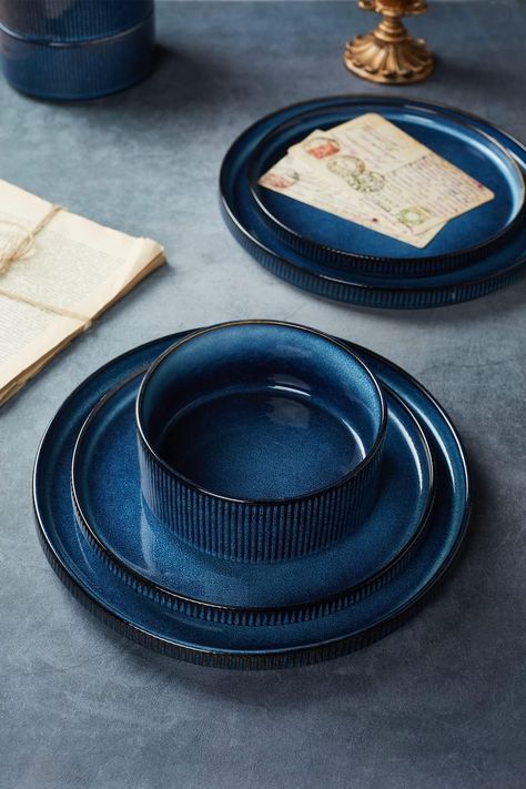 Amazon.com | Famiware Star Dinnerware Sets, Plates and Bowls Set for 4, 12 Piece Dish Set, Ribbed, Nebulas Blue: Dinnerware Sets Dish Sets Dinnerware, Dishes Sets, Ceramic Dish Set, 10 Dinner, Blue Dinnerware, Plates And Bowls Set, Stoneware Dinnerware Sets, Stoneware Dinnerware, Ceramics Ideas