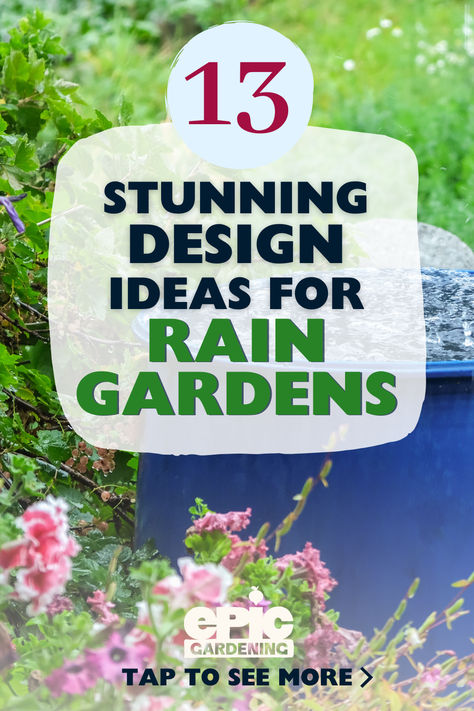 A large blue rain barrel filled with water in a flower garden Rain Spout Garden, Rainscaping Ideas Diy, Rain Gardens Ideas, Rain Water Garden Ideas, Rain Scaping Ideas, Rain Drainage Ideas Landscaping, Rain Water Garden, Rainscaping Ideas, Rain Garden Diy