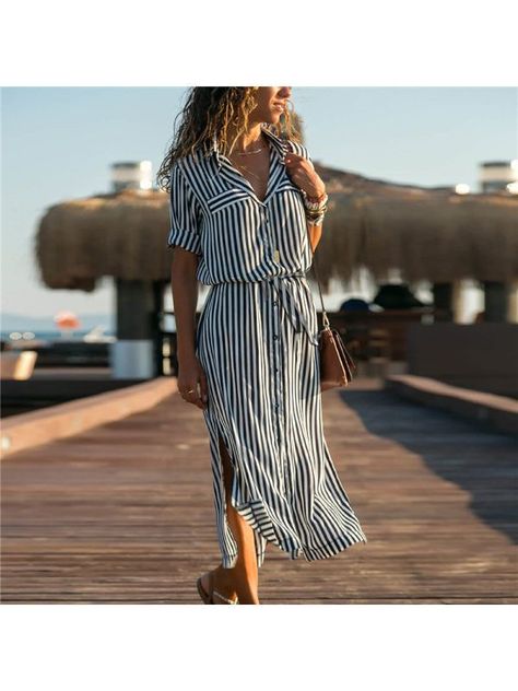 f016e59c7ad8b1d72903bb1aa5720d53desc43917771ri Casual Beach Style, Beach Dress Casual, Chiffon Shirt Dress, Woman Walking, Boho Beach Dress, Pattern Dress Women, Elegant Party Dresses, Striped Shirt Dress, Long Sleeve Casual Dress