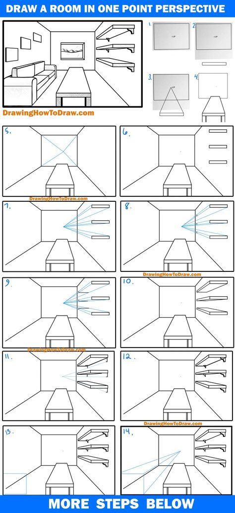 1 Point Perspective Drawing Step By Step, One Point Perspective Tutorial, How To Draw Prespective Sketches, How To Draw Perspective Room, How To Draw Room Design, 1point Perspective Drawing Easy, Practice Perspective Drawing, Perspective Drawing Reference Room, Draw Room Perspective