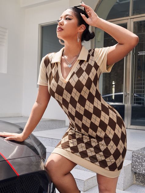 Plus Argyle Print Dress I discovered amazing products on SHEIN.com, come check them out! Summer Plus Size Dresses, Sun Dress Casual, Argyle Print, Summer Plus Size, Illustration Fashion Design, Vestido Casual, Polo Dress, Bodycon Mini Dress, Dress Brands