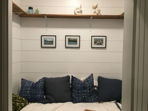 Full size bed fit in our extra closet! Full Size Bed In Closet Ideas, Closet Bed Nook, Diy Bookshelves, Bed Nook, Bed In Closet Ideas, Closet Bed, Diy Shiplap, Large Closet, Bookshelves Diy