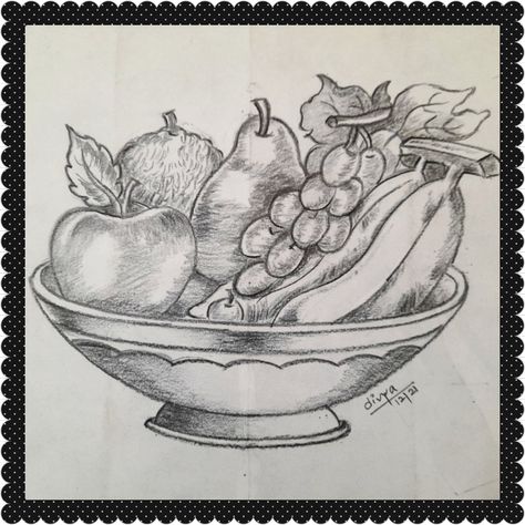 Fruit Basket Drawing, Nature Sketches Pencil, Easy Still Life Drawing, Apple Sketch, Still Life Sketch, Fruit Sketch, Beautiful Pencil Drawings, Composition Drawing, Life Sketch