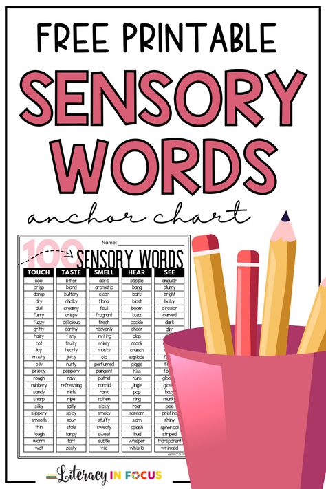 Use this FREE printable PDF list of 100 sensory words to teach imagery! It’s perfect for teaching students in upper elementary and middle school how to add descriptive details to their narrative writing. Use the list to create an anchor chart to help students add sensory language to their writing. Inspire creativity and improve writing with this helpful worksheet! Click to get your freebie now! #4thgrade #5thgrade #thirdgrade #fourthgrade #fifithgrade Sensory Language Anchor Chart, Descriptive Writing Ideas, Descriptive Words Anchor Chart, Sensory Words Anchor Chart, Sensory Details Anchor Chart, Descriptive Writing Grade 2, Sensory Details In Writing, Personal Narrative Anchor Chart, Descriptive Writing Anchor Chart