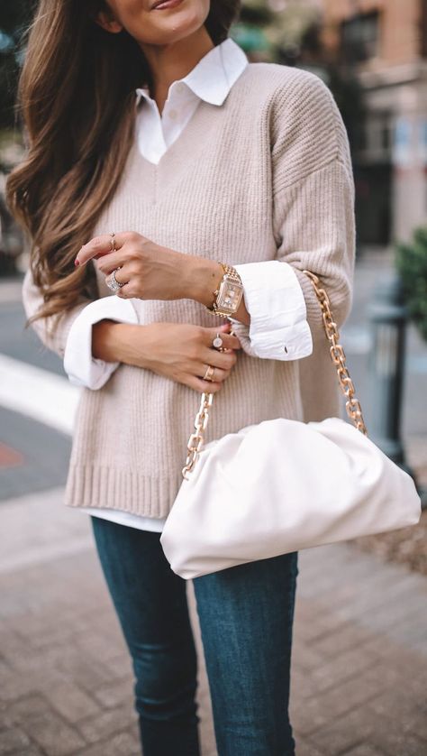 Button up white top + beige sweater Collared Shirt And Sweater Outfit, Shirt And Sweater Outfit, Sweaters With Collared Shirts, Shirt Sweater Outfit, Collar Shirt With Sweater, Collared Shirt And Sweater, Beige Sweater Outfit, Collared Shirt Outfits, Luxury Knitwear