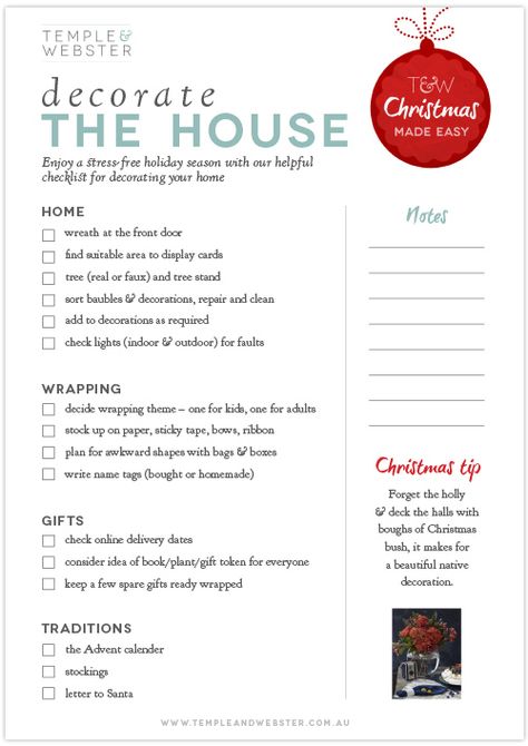 Decorate the House - Christmas checklist. Visit the Temple & Webster blog for a printable version. #Christmasmadeeasy  http://blog.templeandwebster.com.au/christmas-made-easy-download-our-handy-checklists/ Christmas Checklist, Christmas Tips, Christmas Lists, Holiday Swag, Christmas Prep, Party Hardy, Activities Ideas, Christmas Organization, Christmas Preparation