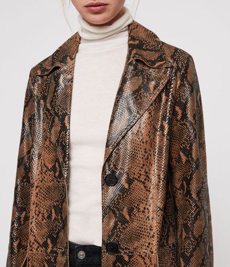 Luxury Crocodile Pattern Leather Jacket, Luxury Winter Leather Jacket With Snake Print, Snake Leather Jacket, Python Leather Jacket, Luxury Winter Snake Print Outerwear, Long Sleeve Snake Print Winter Outerwear, Leather Midi Dress, Snake Leather, Coat Pattern Sewing