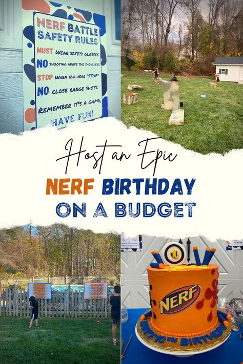 Nerf Birthday Cake, Nerf Birthday Party Ideas, Birthday On A Budget, Bday Party Boy, Nerf Cake, Birthday Party Ideas For Boys, Birthday Party On A Budget, Party On A Budget, Nerf Birthday Party