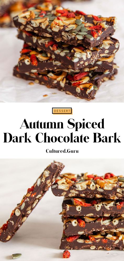 We are HUGE fans of chocolate bark, specifically this homemade autumn spiced dark chocolate bark! You don't have to eliminate desserts and sweets to be healthy. It's just important to choose healthier options with gut-healthy ingredients. This chocolate bark is loaded with delicious autumn spices and fiber rich ingredients like seeds, gluten free pretzels and goji berries. Chocolate Pretzel Bark, Aztec Chocolate, Homemade Chocolate Bark, Autumn Spices, Pretzel Bark, Dark Chocolate Bark, Chocolate Bark Recipe, Super Easy Desserts, Gluten Free Pretzels