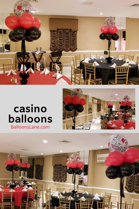 Black and red casino theme balloons with black confetti balloons Red And Black Balloon Centerpieces, Casino Fundraiser, Balloons Centerpieces, Prom Balloons, 21st Birthday Balloons, Surprise 40th, Balloon Business, Balloon Centerpiece, Centerpieces Ideas