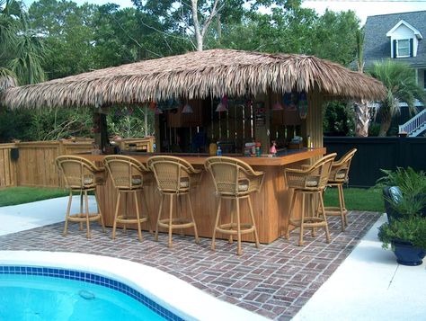 Tiki Bars Backyard, Pool Bar Ideas, Backyard Bar Shed, Bars Ideas, Outdoor Tiki Bar, Bar Shed, Outside Bars, Outdoor Kitchen Bars, Cozy Patio