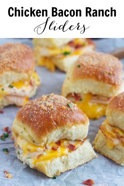 Chicken Bacon Ranch Sliders - 5 Boys Baker Chicken Ranch Sliders, Chicken Bacon Ranch Sliders, Bacon Ranch Sliders, Ranch Sliders, Roll Sliders, Slider Sandwiches, Chicken Ranch, Fast Dinner, Bacon Chicken