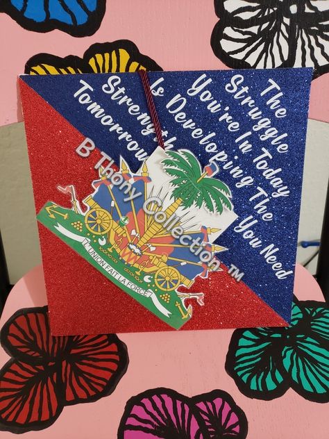 I made this for a client. More custom work coming soon! Follow on Instagram: @bthonycollection Haitian Cap Decoration Graduation, Haitian Graduation Cap, Flag Graduation Cap, Creole Words, Cap Decoration Graduation, Nursing School Graduation Pictures, Haiti History, Caps Ideas, Caribbean Outfits