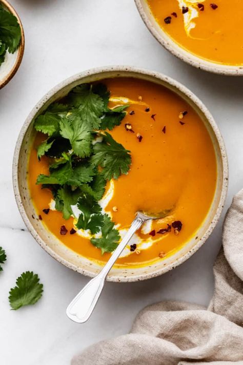 Curried Butternut Squash And Sweet Potato Soup Potato Soup Coconut Milk, Soup Coconut Milk, Squash And Sweet Potato Soup, Butternut Squash And Sweet Potato, Spicy Butternut Squash, Curried Sweet Potato Soup, Curried Butternut Squash, Butternut Squash Sweet, Veggie Enchiladas