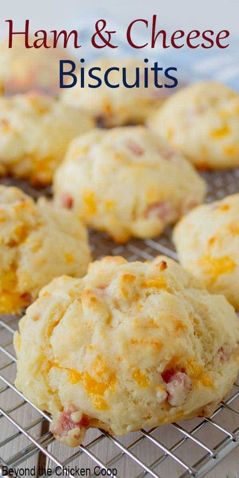 Quick drop biscuit filled with ham and cheese. No rolling needed! These biscuits are perfect with soup, salad, lunch, or on a picnic. #biscuits  #hambiscuits  #hamandcheesebiscuits Quick Drop Biscuits, Ham And Cheese Baked, Ham And Cheese Biscuits, Homemade Biscuits Recipe, Yummy Biscuits, Salad Lunch, Easy Ham, Bisquick Recipes, Cheese Baked