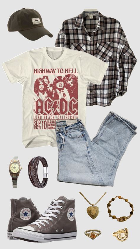 grunge AC/DC outfit #acdc #acdcband #grunge #grungeoutfit #dreamcloset #rock #rockandroll #rockoutfits #gold #goldjewelry Acdc Outfit, 80’s Rock, Ac Dc Band, Band Outfits, Grunge Outfit, Rock Outfit, Long Beach California, Rock Outfits, Themed Outfits