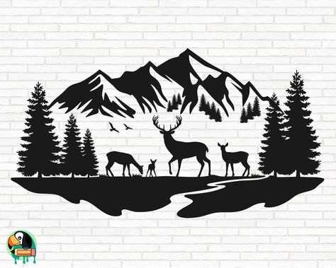 Deer Scene Svg, Deer In Forest Drawing, Buck And Doe Tattoo, Deer Stencil, Doe Tattoo, Deer Scene, Deer Signs, Deer Svg, Woodworking Plans Pdf