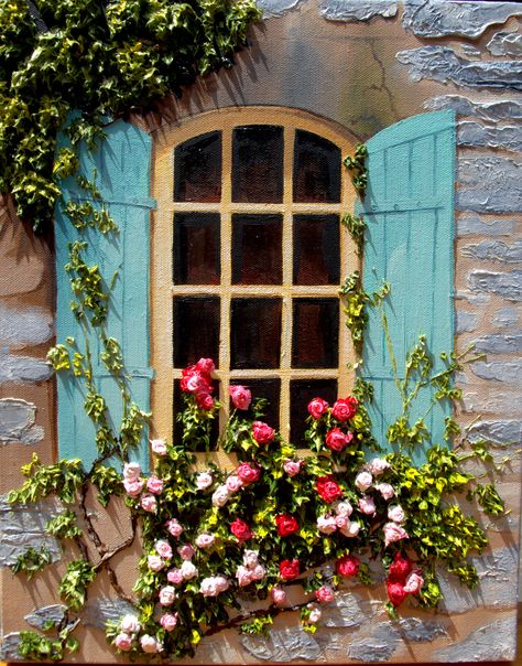 original oil on canvas of a cottage window Cottage Windows, Green Shutters, Amazing Houses, Blue Shutters, Window Box Flowers, Window Sills, Window Boxes, Window Painting, Beautiful Doors