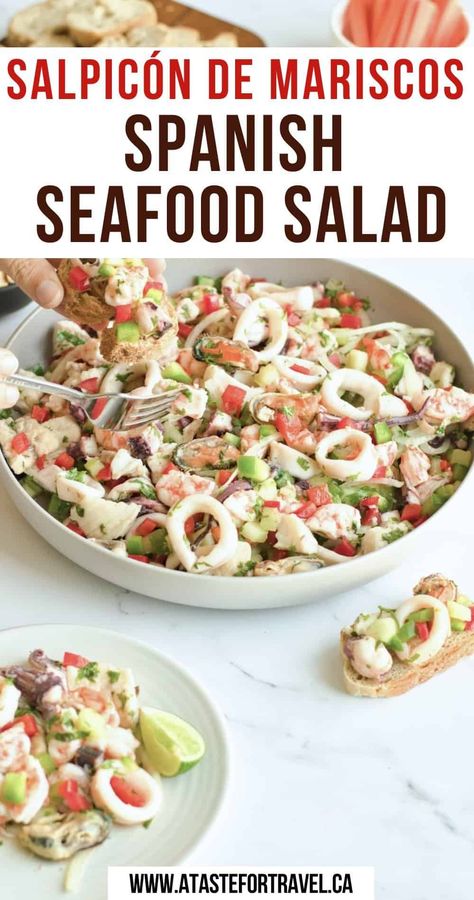 Mexican Seafood Salad, Spanish Seafood Salad, Marinated Seafood Salad, Seafood Salsa, Recipes Scallops, Cucumber And Onion, Seafood Recipes Scallops, Mexican Seafood, Tapas Party