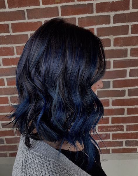 Midnight Velvet Hair Instagram: @alexismarkham #bluehair #hairinspo #haircare #hairstyles #haircuts #haircolor #darkhair #balayage #balayagehair #purplehair #hairgoals #guytang #mydentity #pravana #pravanavivids #pulpriothair Hair Dye Ideas For Pale Skin Blue Eyes, Midnight Blue Balayage, Blue Black Balayage, Dark Blue Balayage Hair, Navy Hair Color, Raven Hair Color, Blue Tips Hair, Blue Balayage, Midnight Blue Hair