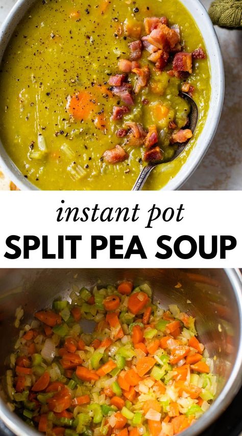 You’ll find a nourishing and comforting mix of pancetta, split peas, and vegetables in this incredibly easy Instant Pot Split Pea Soup recipe. Ready in just 30 minutes, it’s the best soup for cozy weeknight dinners! Pinto Bean Soup Recipes, Easy Split Pea Soup, Instant Pot Split Pea Soup, Instant Pot Split Pea, Split Pea Soup Crockpot, Pinto Bean Soup, Pea Soup Recipe, The Best Soup, Green Split Peas