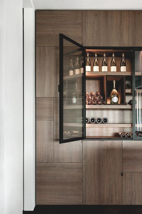 Home bar in a wall unit Love the wood and black accent but wouldn't do doors. Bar Cabinet Design, Details Furniture, Modern Bar Cabinet, Home Bar Cabinet, Bar Sala, Bar In Casa, Home Bar Design, Built In Bar, Home Bar Designs