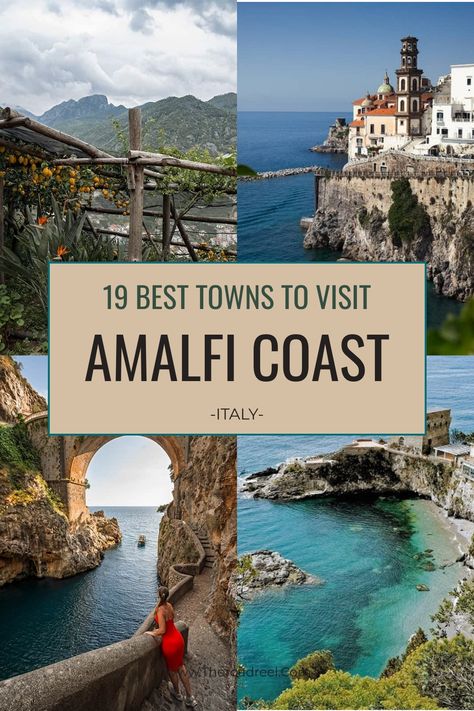 Collage of scenic views from the Amalfi Coast featuring 19 best towns to visit. Amalfi Town Italy, Amalfi Coast Italy Itinerary, Amalfi Coast Italy Map, Atrani Italy, Costa Amalfi, Amalfi Coast Travel Guide, Amalfi Coast Towns, Italy Amalfi Coast, Amalfi Coast Itinerary