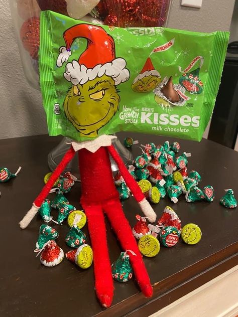 Elf On The Shelf Ideas Chocolate Kisses, Elf On The Shelf Grinch Hershey Kisses, Elf With Sprinkles In Sink, Candy Crush Elf On The Shelf, Elf On The Shelf Fruit By The Foot, Elf Ideas With Hershey Kisses, Elf On The Shelf Nerds Candy, Elf Hershey Kiss Idea, Grinch Kisses Elf On The Shelf Ideas