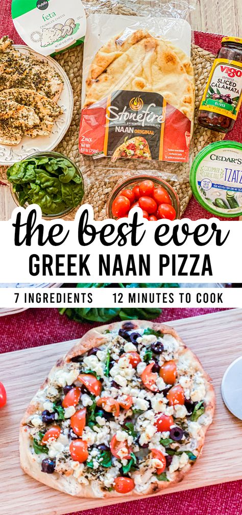 Greek Pita Pizza Recipe, Greek Chicken Pizza, Greek Pita Pizza, Healthy Naan Pizza, Mediterranean Naan Pizza, Greek Pizza Recipe Feta, Mediterranean Diet Pizza Recipe, Naan Bread Pizza Ideas, Greek Flat Bread