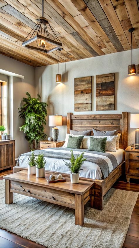 Real Wood Bedroom Furniture, Wood Inspired Bedroom, Wood Ceilings Bedroom, Rustic Home Interior Design, Cabin Interiors Bedroom, Ranch Style Bedroom, Wood Walls Bedroom, Modern Rustic Bedrooms, House Aesthetics