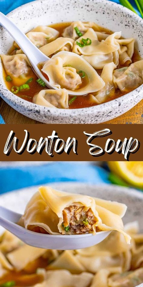 This wonton soup recipe is a Chinese dish perfect for a homemade dinner or lunch. This Asian restaurant classic is made easy and quick with simple homemade wontons filled with savory ingredients. Warm up this fall with a bowl of this delicious and satisfying soup! Pork Wonton Soup, Homeschool Lunches, Homemade Wontons, Restaurant Classic, Wonton Soup Recipe, Asian Soup Recipes, Asian Soups, Homemade Soups, Soup Ideas