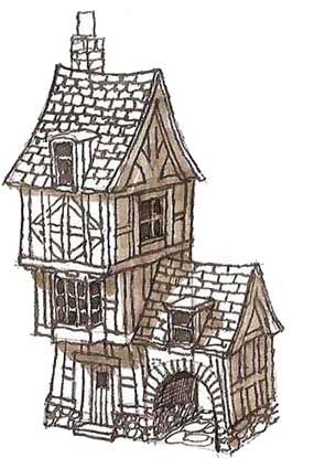 Roberts-Roost | Buildings | Medieval House Drawing, Georgetown Guyana, Storybook House, Medieval House, Crooked House, House Sketch, Medieval Houses, Fantasy House, Village House Design