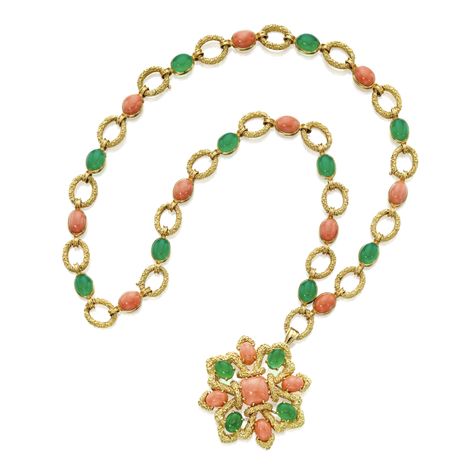 Gold, Coral and Chrysoprase Pendant-Necklace, Van Cleef & Arpels, France Composed of a long textured gold chain set with alternating coral and chrysoprase cabochons, suspending a similarly-set detachable pendant-brooch, length 28 inches, chain detaches into four 7-inch segments for a variety of wear, signed Van Cleef & Arpels and VCA, numbered 120948, 120128, 120129, 120130, 120131, with French workshop and assay marks; circa 1970. Detachable Pendant, Chrysoprase Necklace, Pendant Brooch, Van Cleef And Arpels, Old Jewelry, Van Cleef Arpels, Frank Sinatra, Van Cleef, Gold Texture