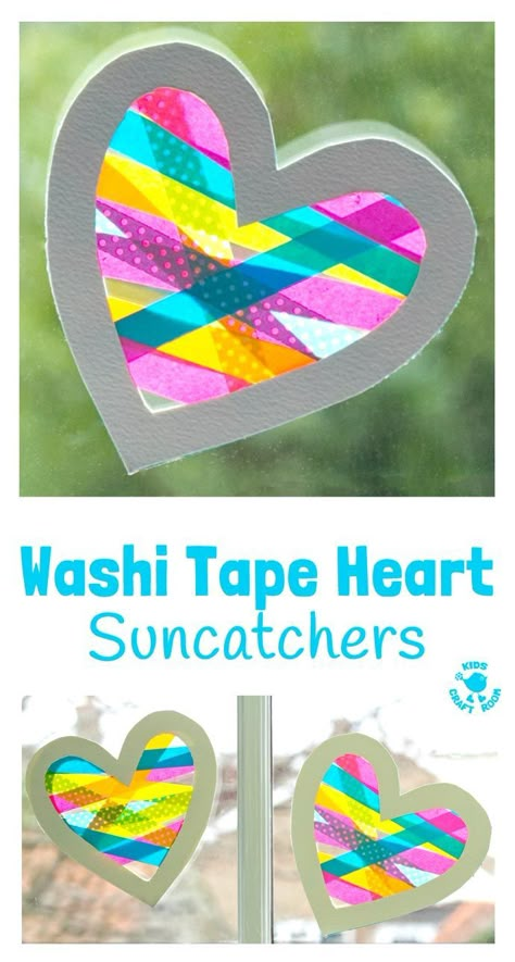 A heart craft with a WOW factor! This Washi Tape Heart Suncatcher craft is simple to make and looks amazing. A great Mother's Day or Valentine's Day craft for kids. Heart Suncatchers, Heart Suncatcher, Heart Craft, Kids Craft Room, Suncatcher Craft, Washi Tape Crafts, Valentine's Day Crafts For Kids, Mothers Day Crafts For Kids, Valentines Crafts