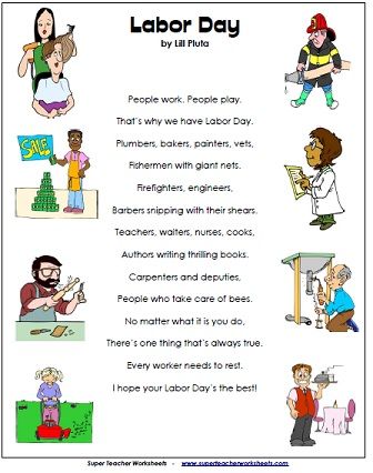 Labor Day Poem on Super Teacher Worksheets Labor Day Crafts, Poems For Kids, Holiday Worksheets, Community Helpers Preschool, Labor Day Holiday, Kindergarten Social Studies, Super Teacher, Teacher Worksheets, Happy Labor Day