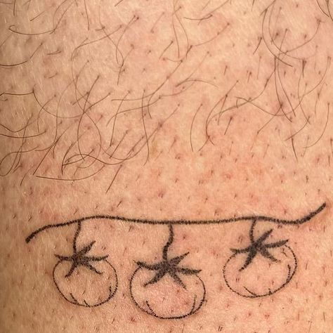 Tiny Tomato Tattoo, Tomato Leaf Tattoo, Fried Green Tomatoes Tattoo, Fine Line Blueberry Tattoo, Tomato Tattoo Black, Stick And Pole Tattoo Ideas, Cherry Tomato Tattoo, Tomato Vine Tattoo, Tomato Plant Tattoo